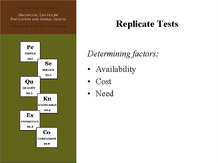 Replicate Tests Determining factors: • Availability • Cost • Need 