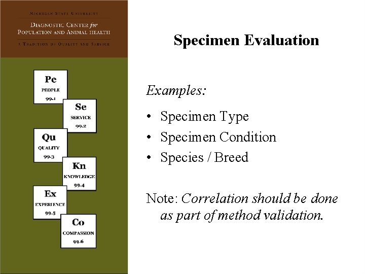 Specimen Evaluation Examples: • Specimen Type • Specimen Condition • Species / Breed Note: