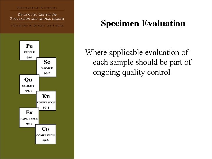 Specimen Evaluation Where applicable evaluation of each sample should be part of ongoing quality
