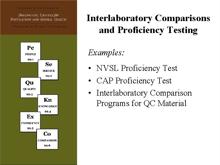 Interlaboratory Comparisons and Proficiency Testing Examples: • NVSL Proficiency Test • CAP Proficiency Test