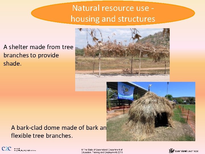 Natural resource use housing and structures A shelter made from tree branches to provide