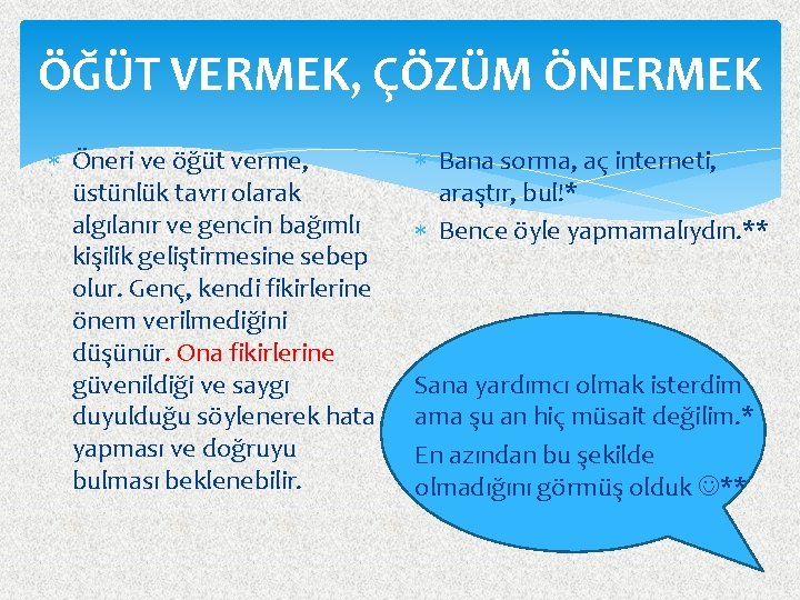 ÖĞÜT VERMEK, ÇÖZÜM ÖNERMEK Öneri ve öğüt verme, üstünlük tavrı olarak algılanır ve gencin