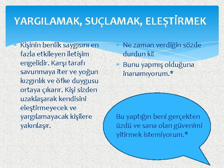 YARGILAMAK, SUÇLAMAK, ELEŞTİRMEK Kişinin benlik saygısını en fazla etkileyen iletişim engelidir. Karşı tarafı savunmaya