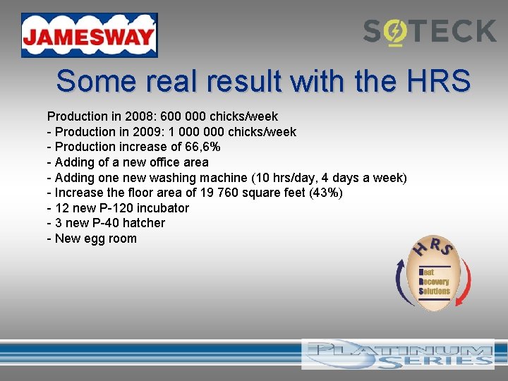 Some real result with the HRS Production in 2008: 600 000 chicks/week - Production