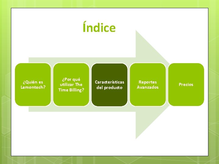 Índice ¿Quién es Lemontech? ¿Por qué utilizar The Time Billing? Características del producto Reportes