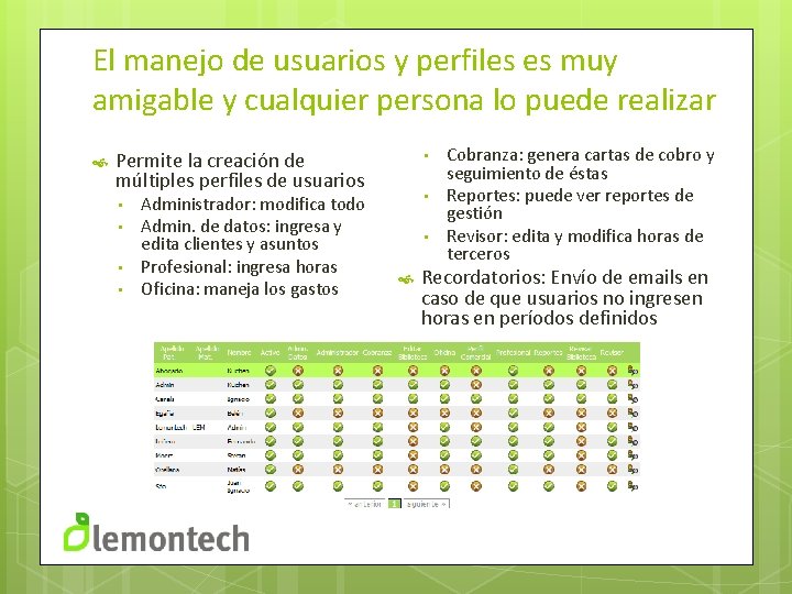 El manejo de usuarios y perfiles es muy amigable y cualquier persona lo puede