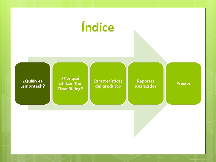 Índice ¿Quién es Lemontech? ¿Por qué utilizar The Time Billing? Características del producto Reportes