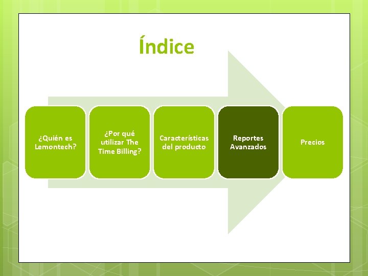 Índice ¿Quién es Lemontech? ¿Por qué utilizar The Time Billing? Características del producto Reportes