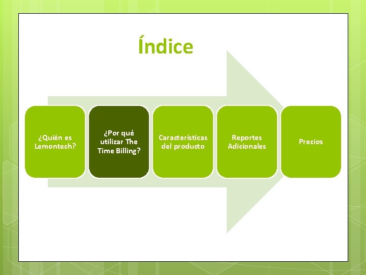 Índice ¿Quién es Lemontech? ¿Por qué utilizar The Time Billing? Características del producto Reportes