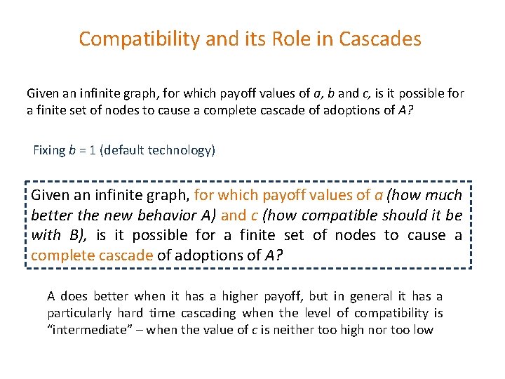 Compatibility and its Role in Cascades Given an infinite graph, for which payoff values