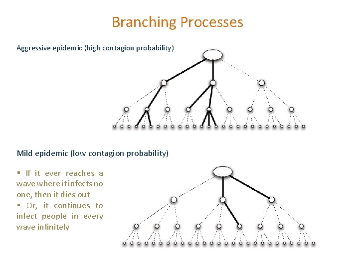 Branching Processes Aggressive epidemic (high contagion probability) Mild epidemic (low contagion probability) § If