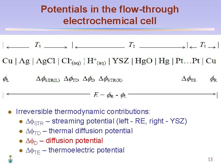 Potentials in the flow-through electrochemical cell l Irreversible thermodynamic contributions: l Df. STR –