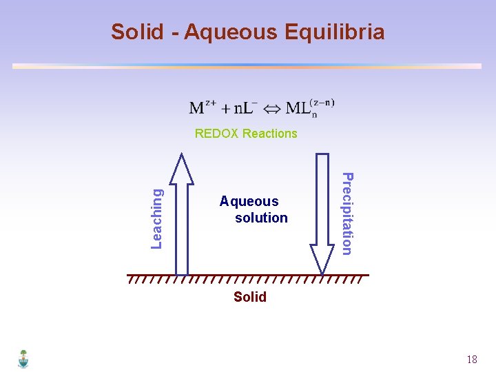 Solid - Aqueous Equilibria Aqueous solution Precipitation Leaching REDOX Reactions Solid 18 