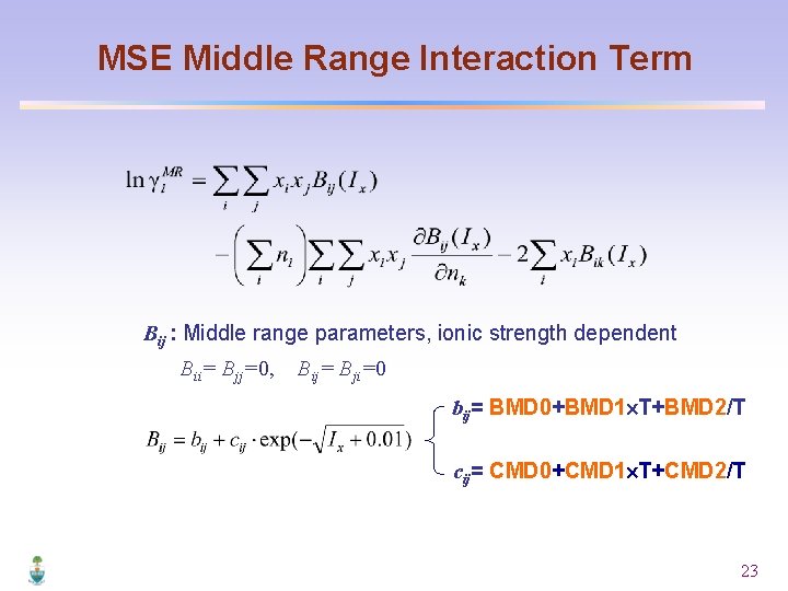 MSE Middle Range Interaction Term Bij : Middle range parameters, ionic strength dependent Bii=