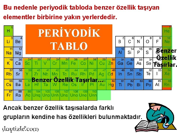 Bu nedenle periyodik tabloda benzer özellik taşıyan elementler birbirine yakın yerlerdedir. PERİYODİK TABLO Benzer