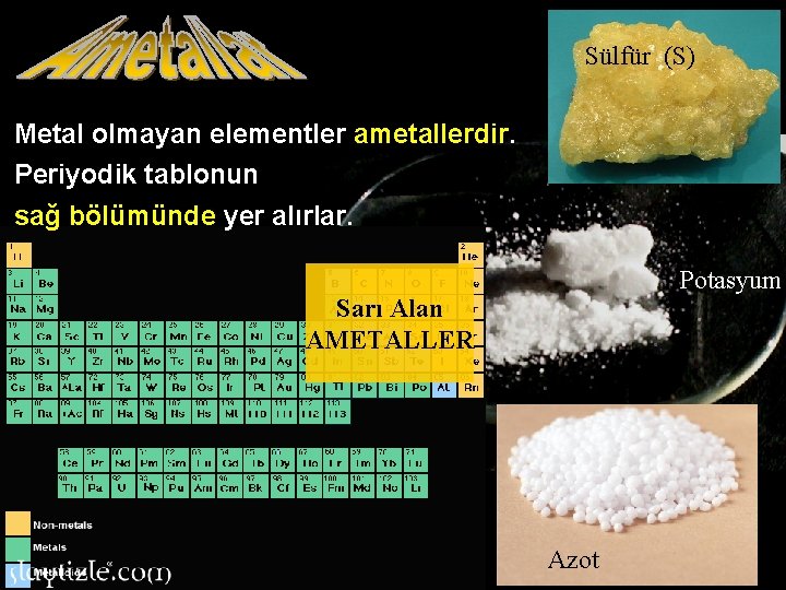 Sülfür (S) Metal olmayan elementler ametallerdir. Periyodik tablonun sağ bölümünde yer alırlar. Potasyum Sarı
