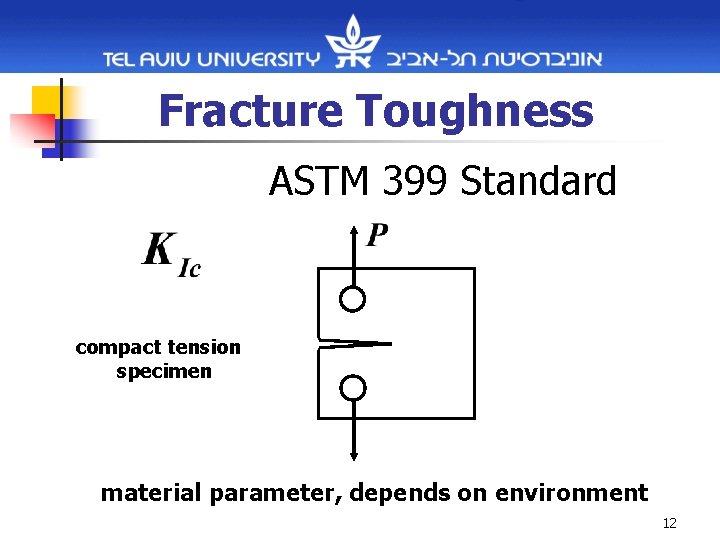 Fracture Toughness ASTM 399 Standard compact tension specimen material parameter, depends on environment 12