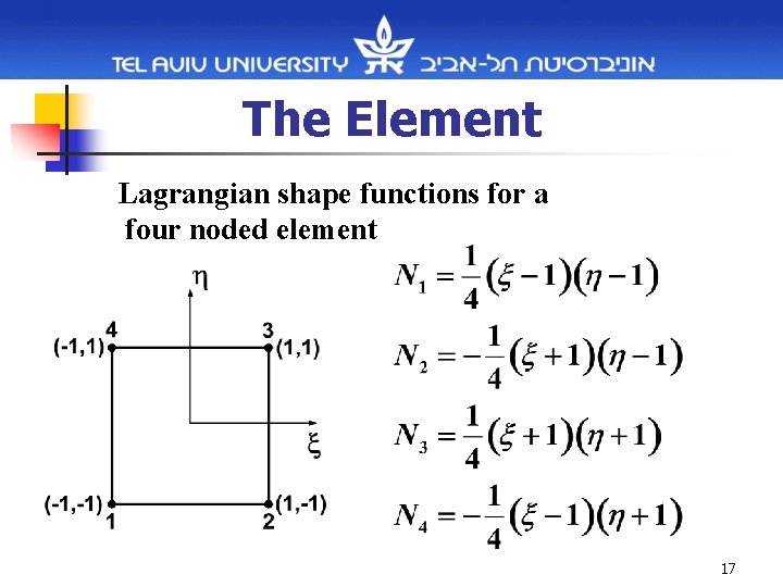 The Element Lagrangian shape functions for a four noded element 17 