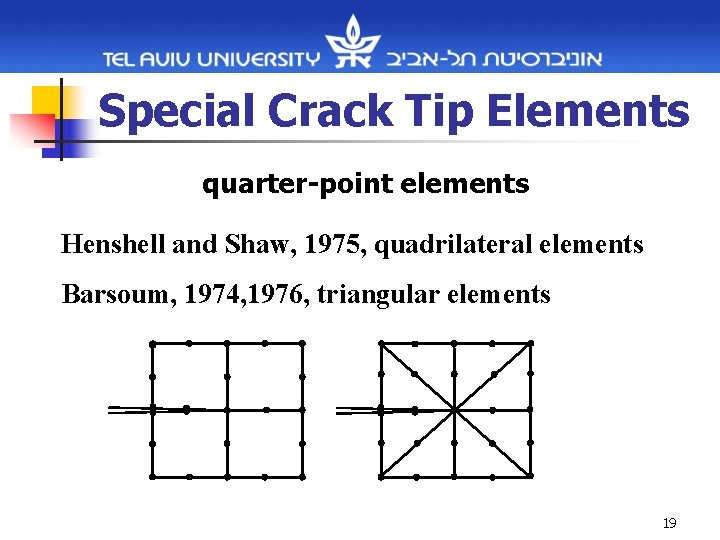 Special Crack Tip Elements quarter-point elements Henshell and Shaw, 1975, quadrilateral elements Barsoum, 1974,