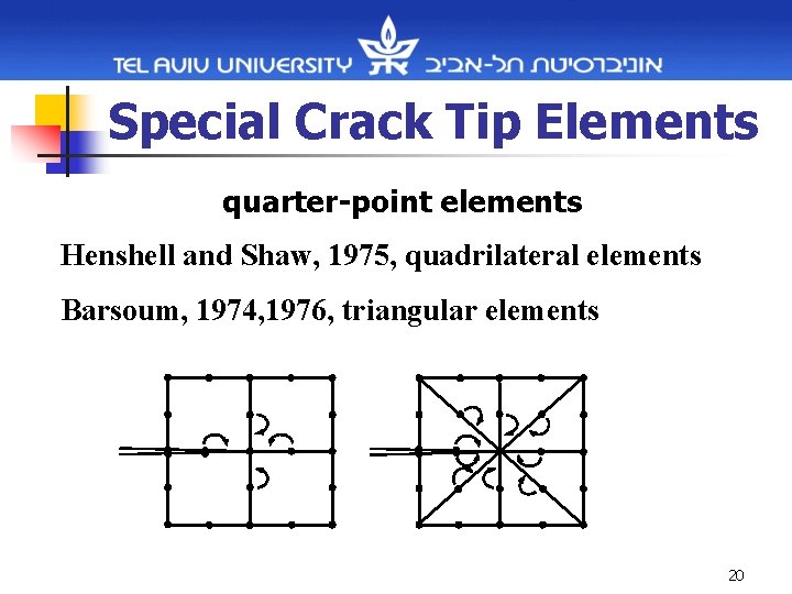 Special Crack Tip Elements quarter-point elements Henshell and Shaw, 1975, quadrilateral elements Barsoum, 1974,