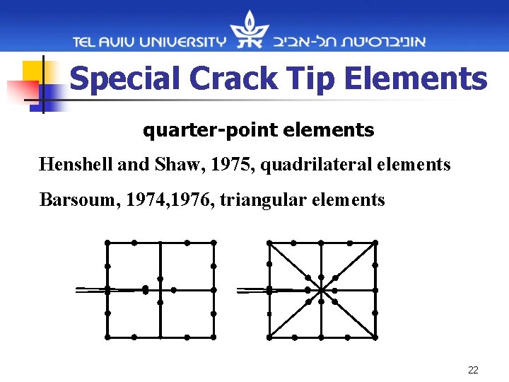 Special Crack Tip Elements quarter-point elements Henshell and Shaw, 1975, quadrilateral elements Barsoum, 1974,
