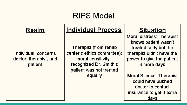 RIPS Model Realm Individual: concerns doctor, therapist, and patient Individual Process Therapist (from rehab