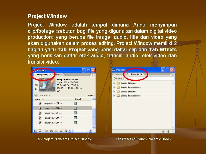 Project Window adalah tempat dimana Anda menyimpan clip/footage (sebutan bagi file yang digunakan dalam