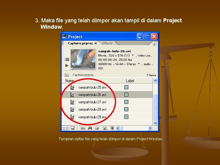 3. Maka file yang telah diimpor akan tampil di dalam Project Window. Tampilan daftar 3. Maka file yang telah diimpor akan tampil di dalam Project Window. Tampilan daftar