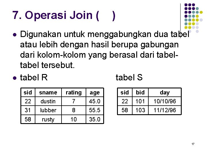 7. Operasi Join ( l l ) Digunakan untuk menggabungkan dua tabel atau lebih