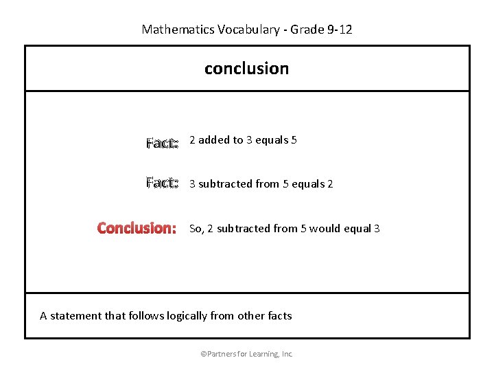 Mathematics Vocabulary - Grade 9 -12 conclusion Fact: 2 added to 3 equals 5