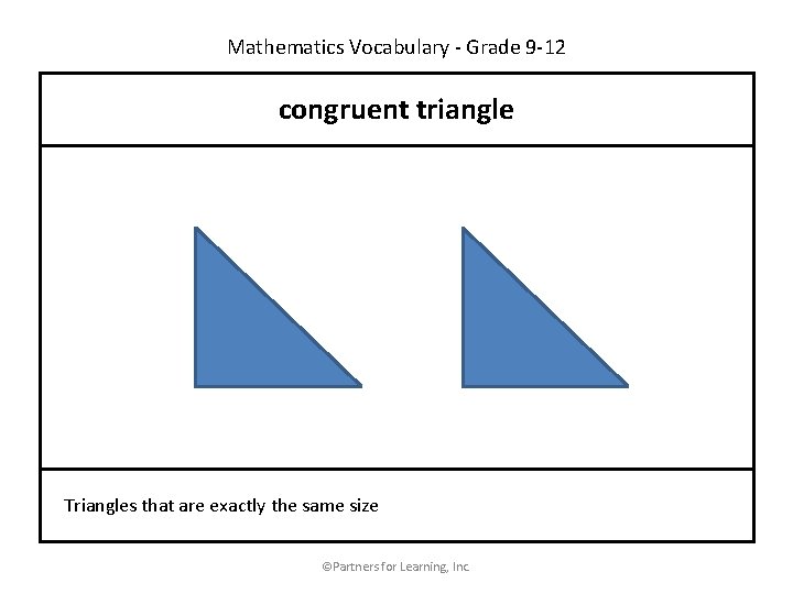 Mathematics Vocabulary - Grade 9 -12 congruent triangle Triangles that are exactly the same