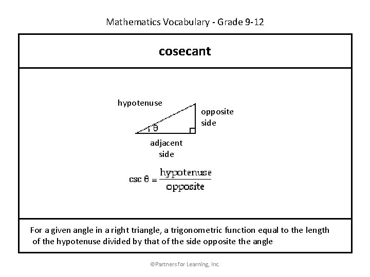 Mathematics Vocabulary - Grade 9 -12 cosecant hypotenuse opposite side adjacent side For a