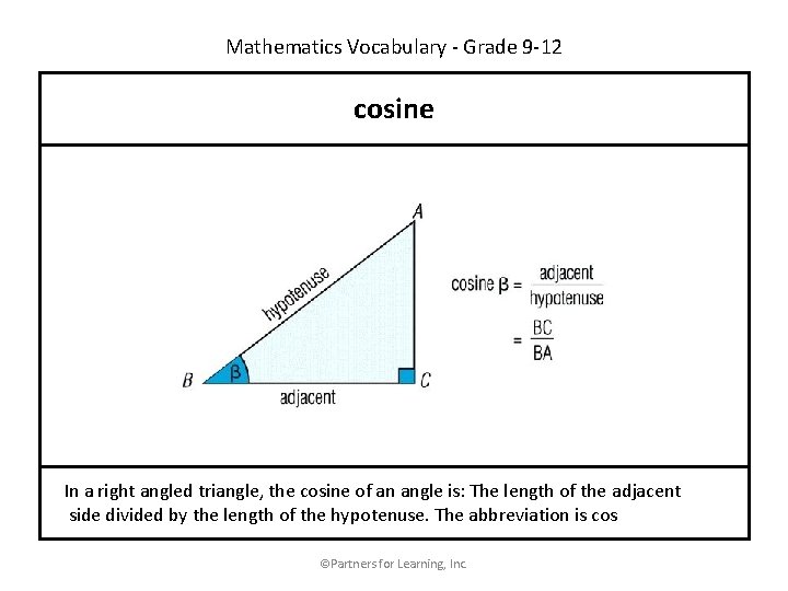 Mathematics Vocabulary - Grade 9 -12 cosine In a right angled triangle, the cosine