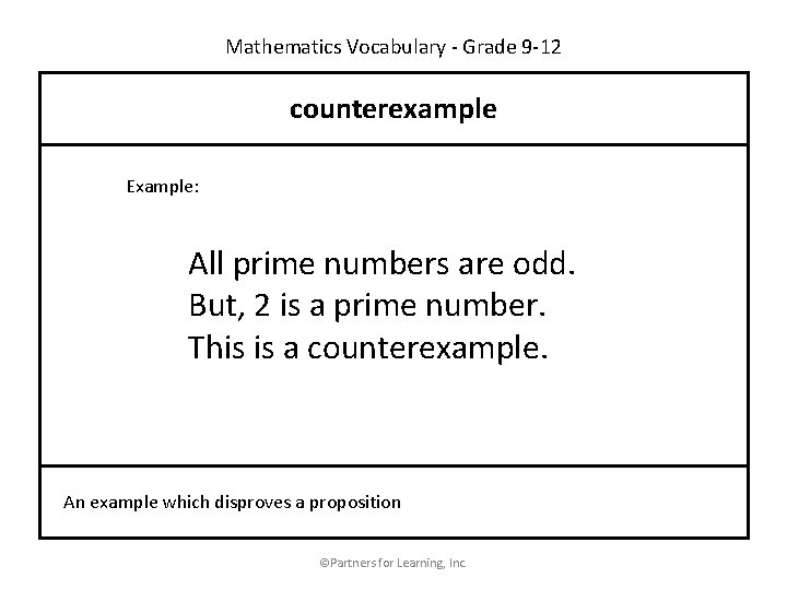 Mathematics Vocabulary - Grade 9 -12 counterexample Example: All prime numbers are odd. But,