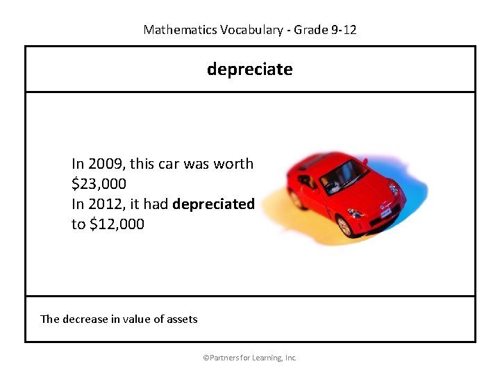 Mathematics Vocabulary - Grade 9 -12 depreciate In 2009, this car was worth $23,