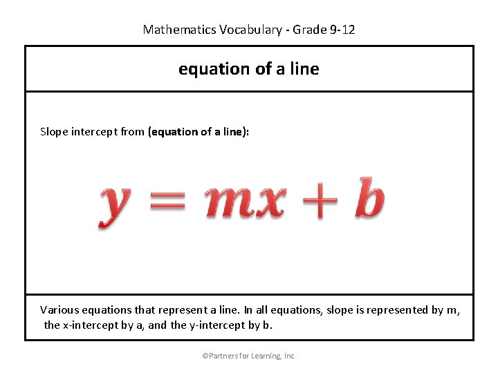 Mathematics Vocabulary - Grade 9 -12 equation of a line Slope intercept from (equation