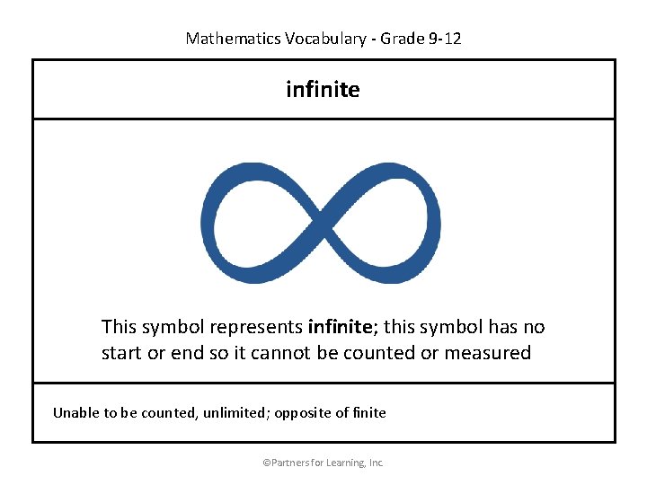 Mathematics Vocabulary - Grade 9 -12 infinite This symbol represents infinite; this symbol has