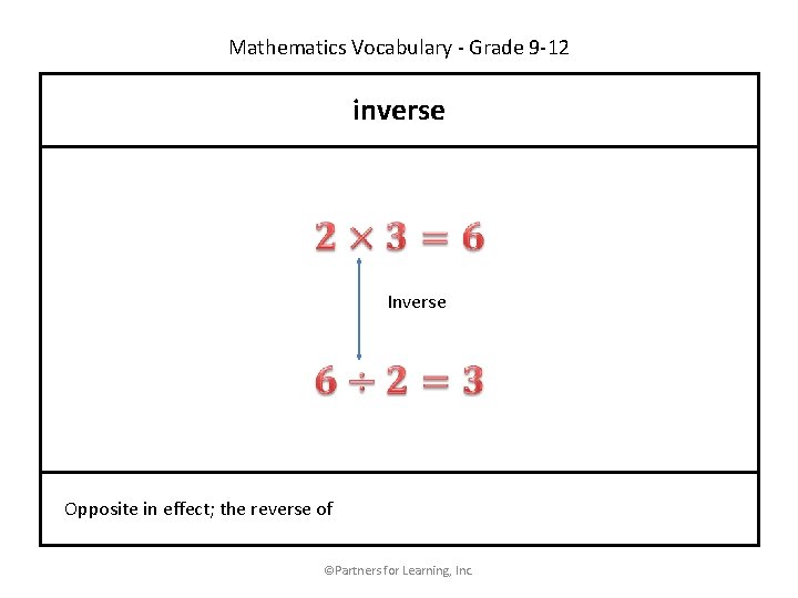 Mathematics Vocabulary - Grade 9 -12 inverse Inverse Opposite in effect; the reverse of