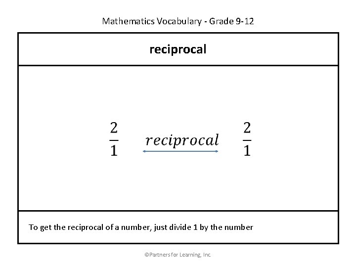Mathematics Vocabulary - Grade 9 -12 reciprocal To get the reciprocal of a number,