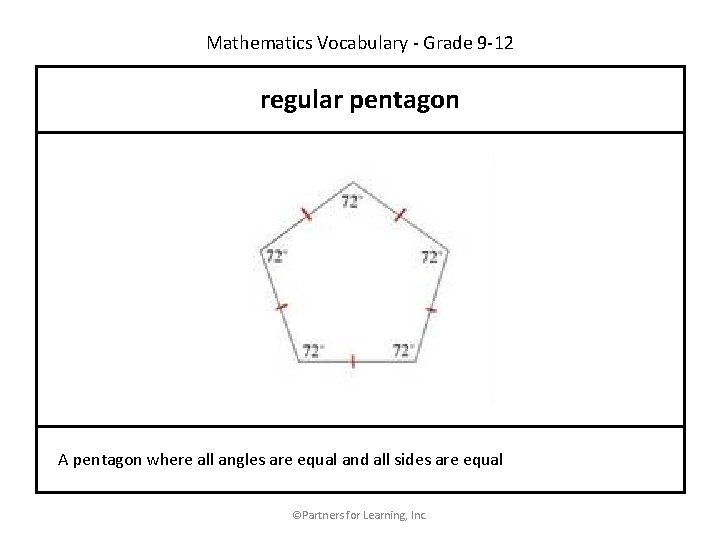 Mathematics Vocabulary - Grade 9 -12 regular pentagon A pentagon where all angles are