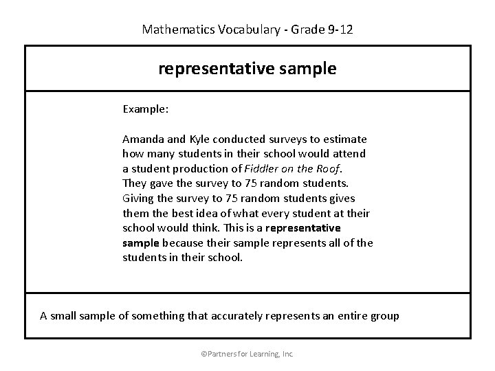 Mathematics Vocabulary - Grade 9 -12 representative sample Example: Amanda and Kyle conducted surveys