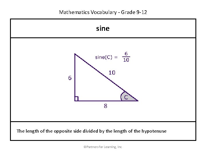 Mathematics Vocabulary - Grade 9 -12 sine The length of the opposite side divided