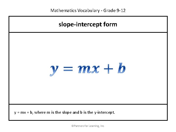 Mathematics Vocabulary - Grade 9 -12 slope-intercept form y = mx + b, where