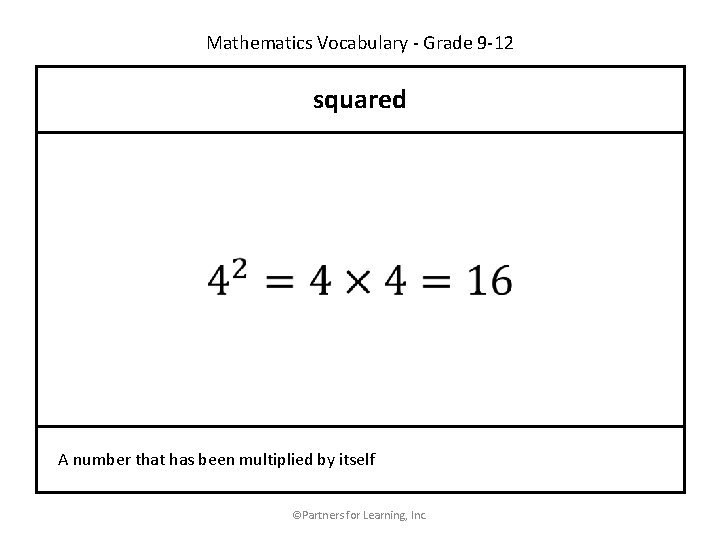 Mathematics Vocabulary - Grade 9 -12 squared A number that has been multiplied by
