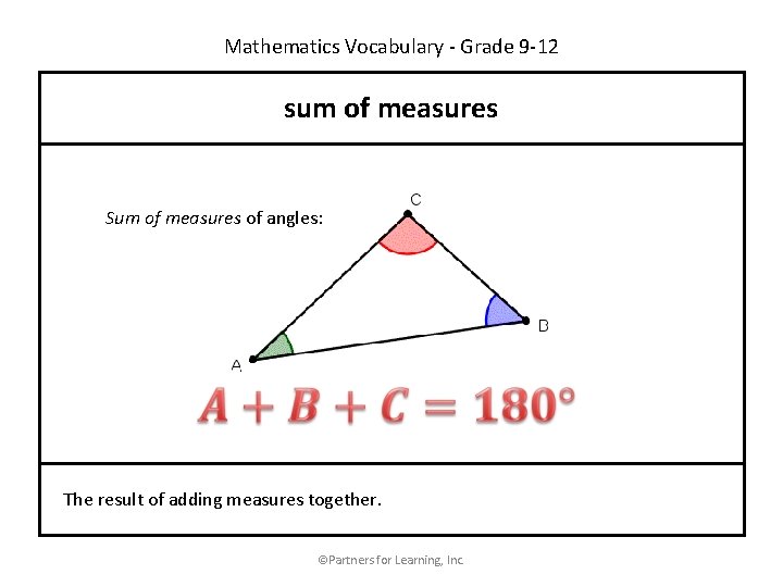 Mathematics Vocabulary - Grade 9 -12 sum of measures Sum of measures of angles: