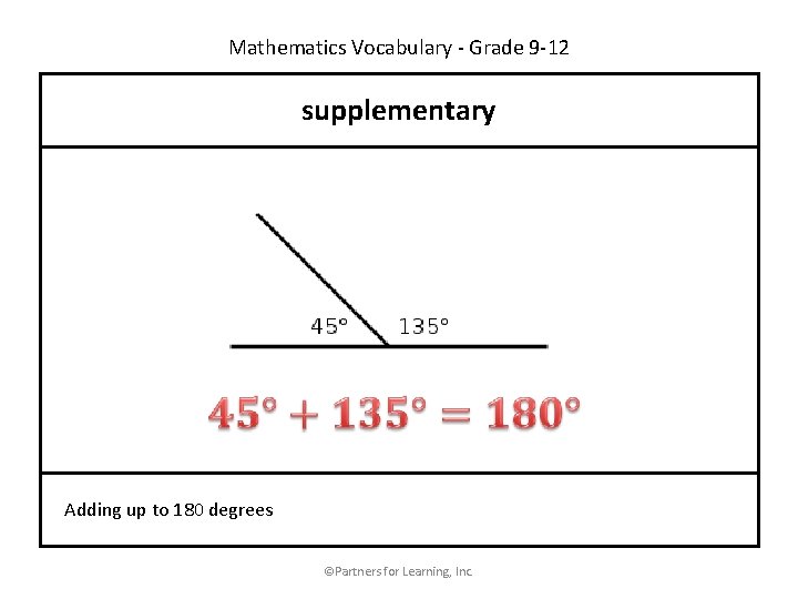 Mathematics Vocabulary - Grade 9 -12 supplementary Adding up to 180 degrees ©Partners for