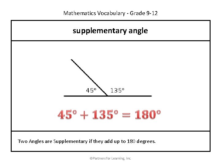 Mathematics Vocabulary - Grade 9 -12 supplementary angle Two Angles are Supplementary if they
