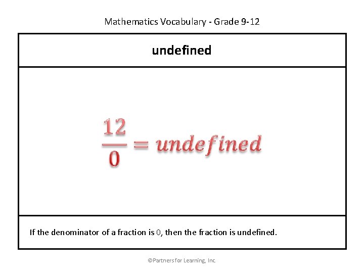 Mathematics Vocabulary - Grade 9 -12 undefined If the denominator of a fraction is