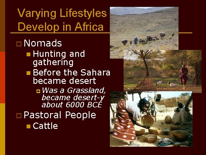 Varying Lifestyles Develop in Africa p Nomads n Hunting and gathering n Before the