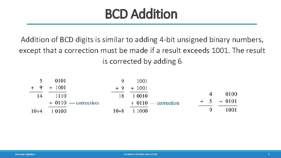 BCD Addition of BCD digits is similar to adding 4 -bit unsigned binary numbers,